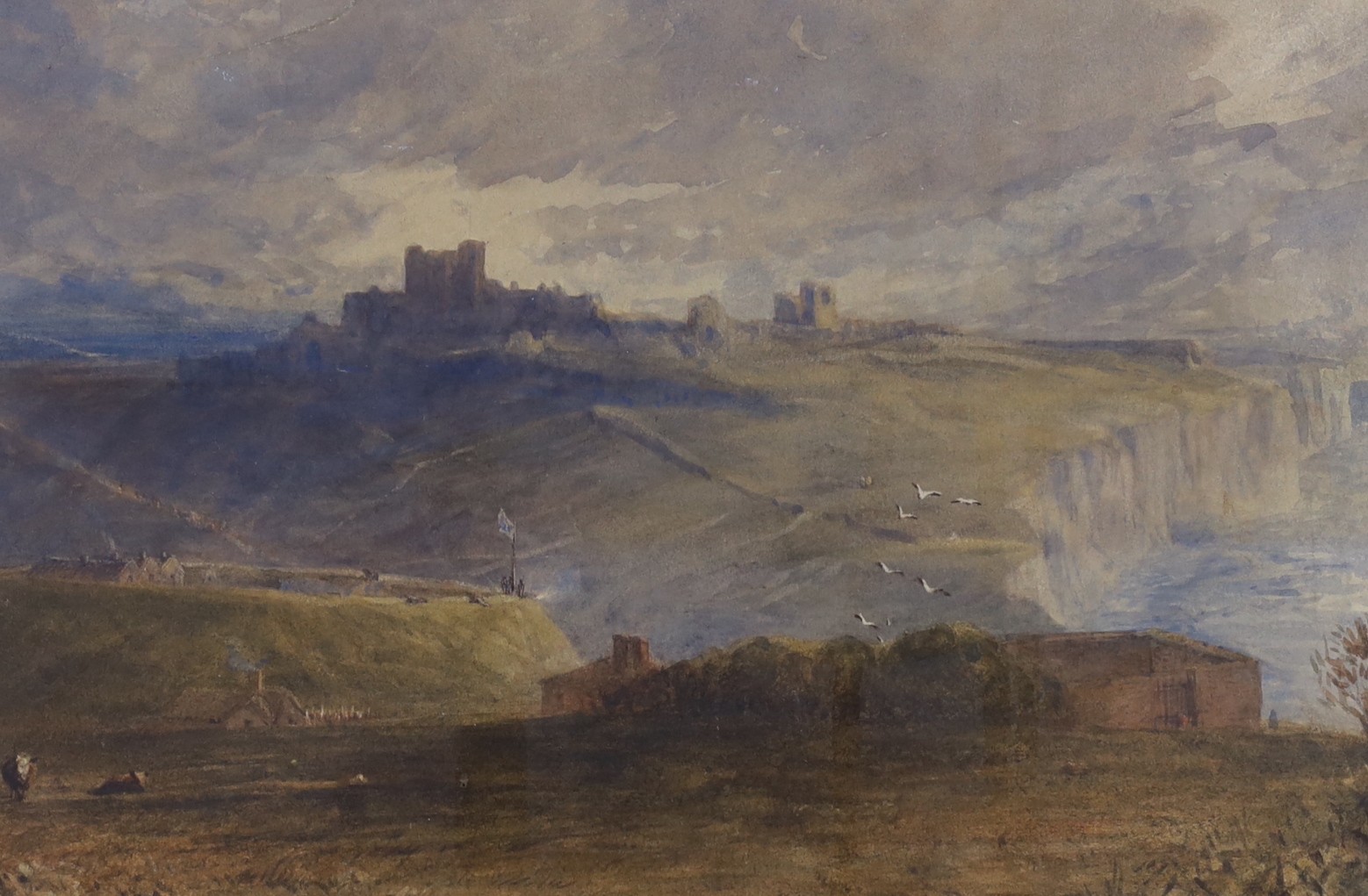 James Wilson Carmichael (1800-1868), watercolour, Dover Castle seen from the west, label verso, 23 x 34cm